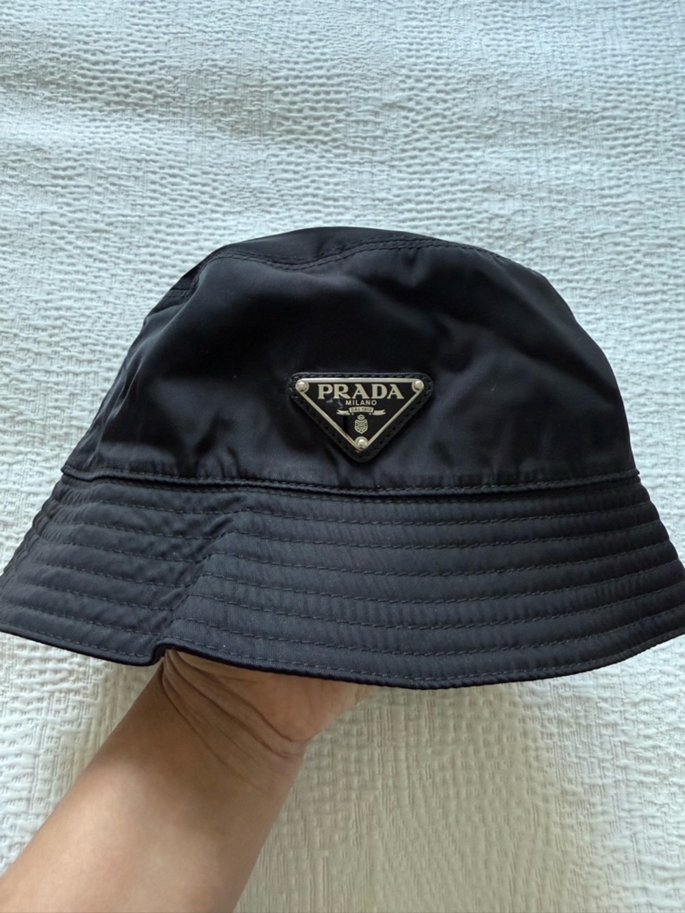 Prada Black Nylon Bucket Hat with Triangular Logo